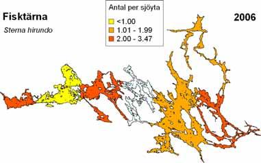 Figur 15. Tätheten av fisktärna inom respektive delområde 2005 och 2006. Inga fisktärnor förekom i delområde E år 2006 (ofyllt). Fig. 15. Density of Common Tern in each basin in 2005 and 2006.