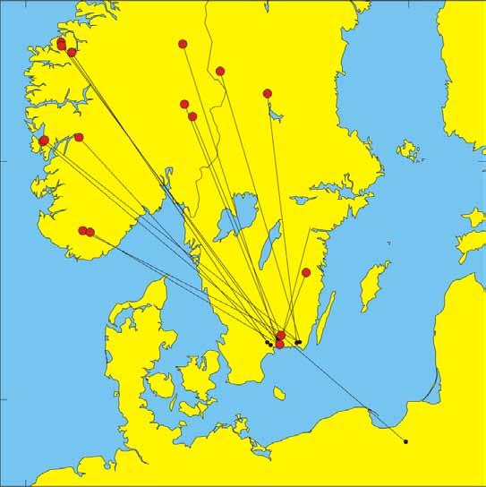 Figur 5: Återfynd under april juni av strömstarar som ringmärkts under oktober