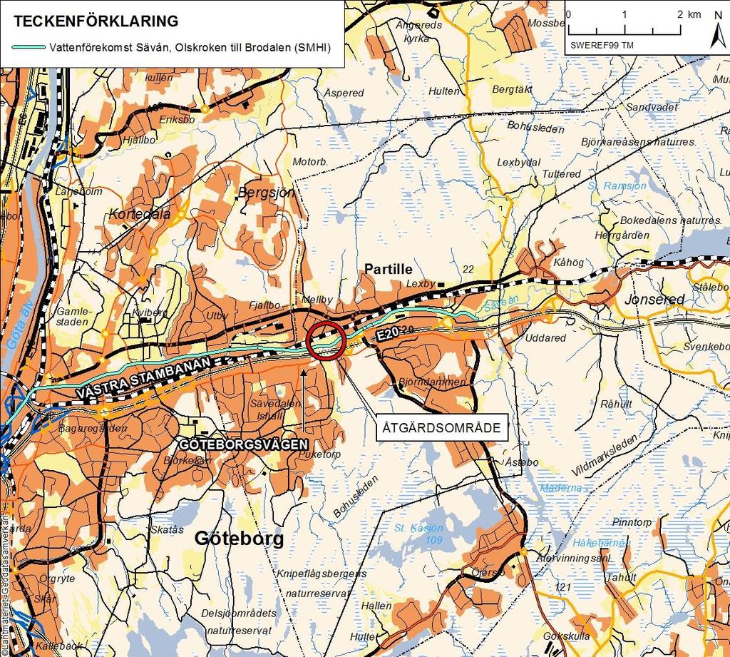 Figur 28: Vattenförekomsten Säveån - Olskroken till Brodalen (ljust turkos linje). Den röda ringen markerar platsen för åtgärd.