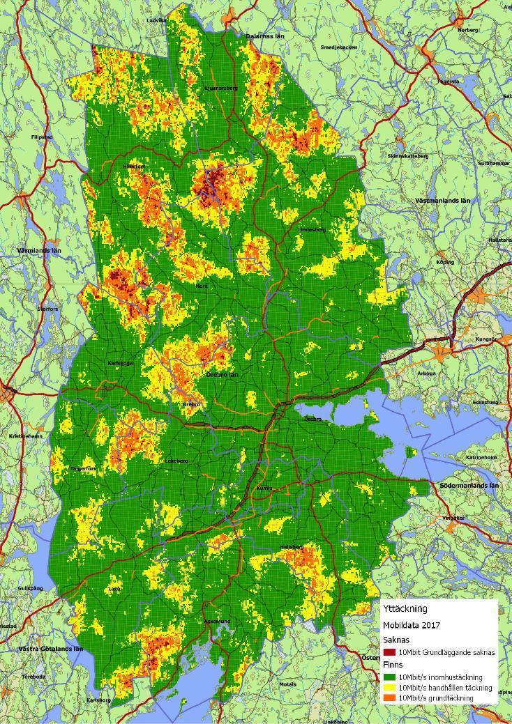 Mobiltäckning Enligt PTS kartläggning är mobiltäckningen till fasta punkter så som hushåll och företag i regionen god, närmare 100 procentig.