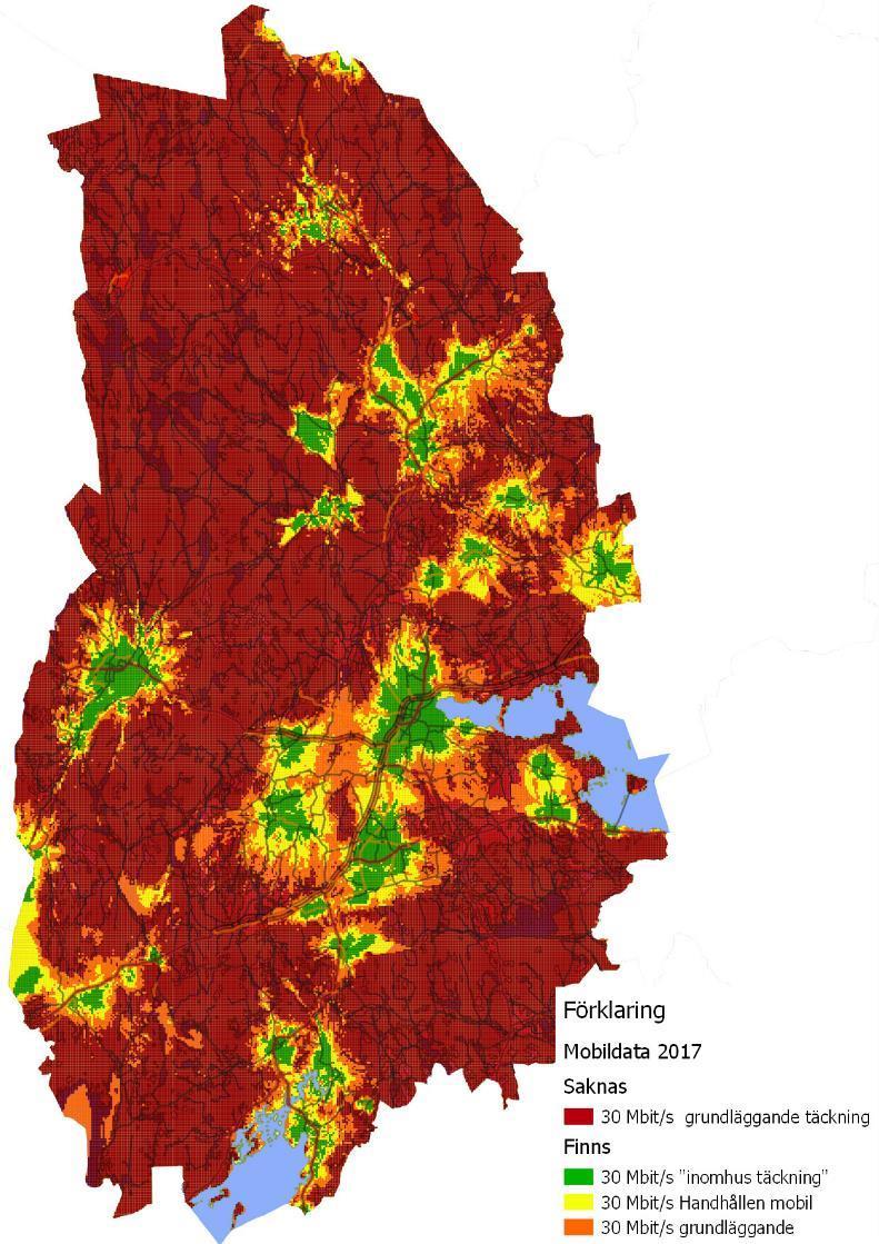 Kartan visar vika områden som har täckning för datatrafik i hastigheten 30 Mbit/s Kartan framtagen av Region Örebro län med data från PTS, Lantmäteriets Översiktskarta.