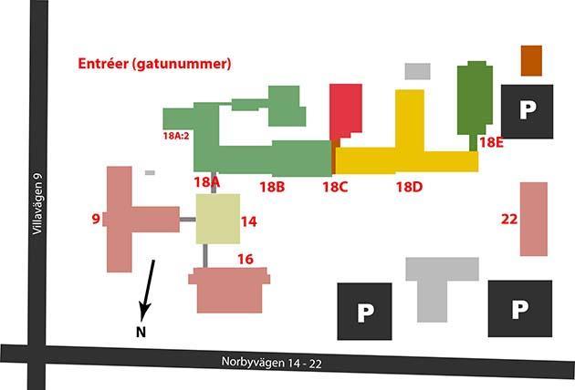 EBC: Lärosal 4 och 5: Ingång 18D, salarna ligger en trappa upp i den röda