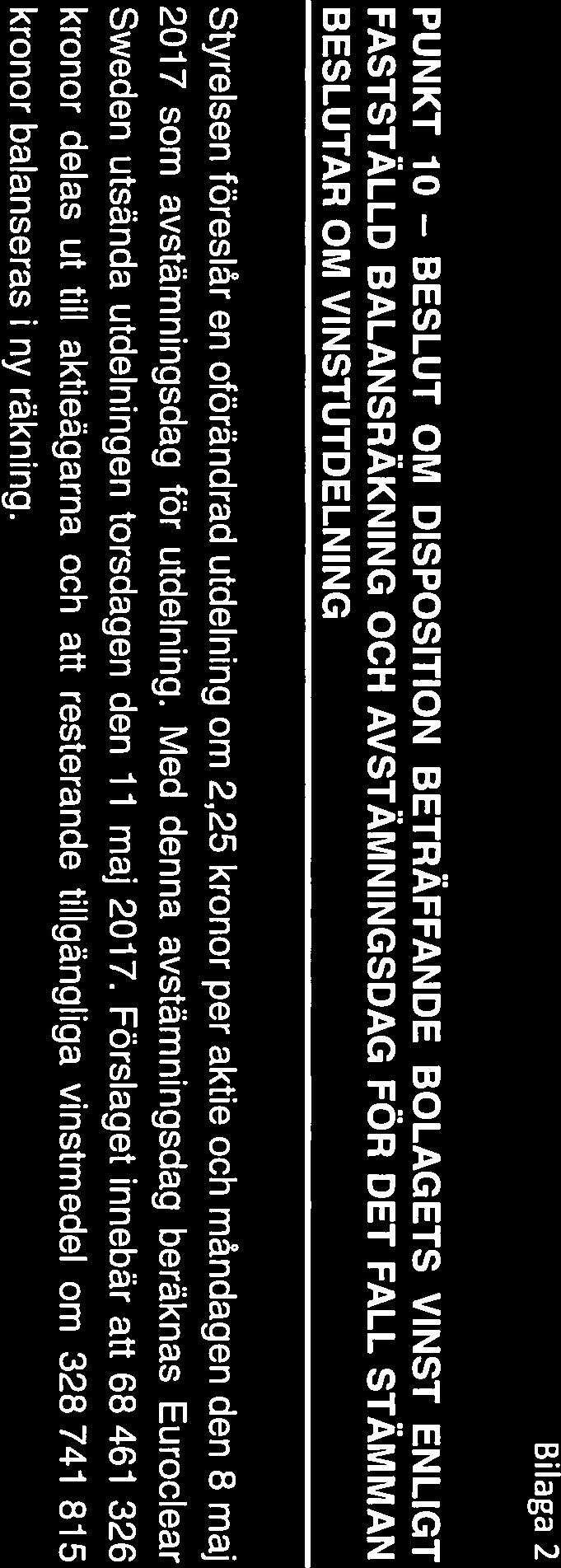 Bilaga 2 PUNKT 10 BESLUT OM DISPOSITION BETRÄFFANDE BOLAGETS VINST ENLIGT FASTSTÄLLD BALANSRÄKNING OCH AVSTÄMNINGSDAG FÖR DET FALL STÄMMAN BESLUTAR OM VINSTUTDELNING Styrelsen föreslår en oförändrad