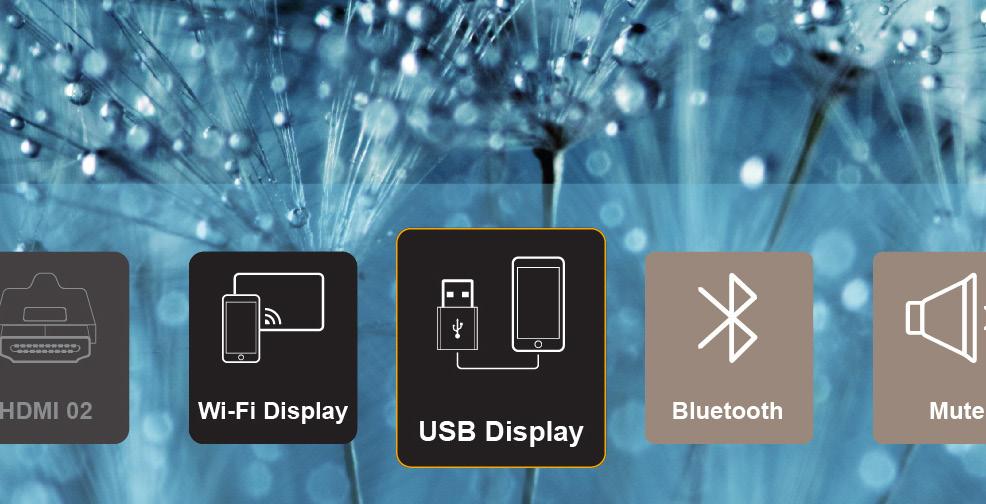ANVÄNDA PROJEKTORN Använda USB display-funktionen Välj USB display för att projicera skärmen på din mobila enhet till projektorn genom en USB-kabelanslutning. 1.