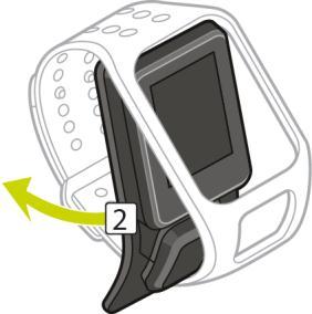 Ta bort klockan från remmen Du kanske vill ta bort klockan från armbandet för att kunna ladda den eller placera den i hållaren innan du använder cykelfästet.