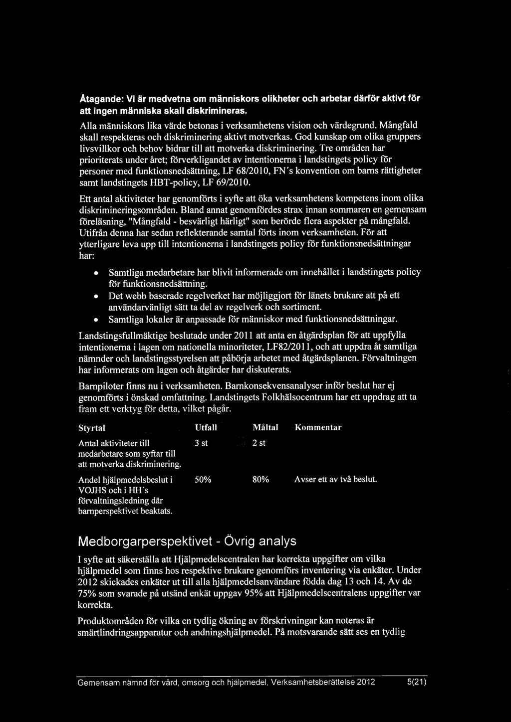 Tre områden har prioriterats under året; förverkligandet av intentionerna i landstingets policy för personer med funktionsnedsättning, LF 68/2010, FN's konvention om barns rättigheter samt