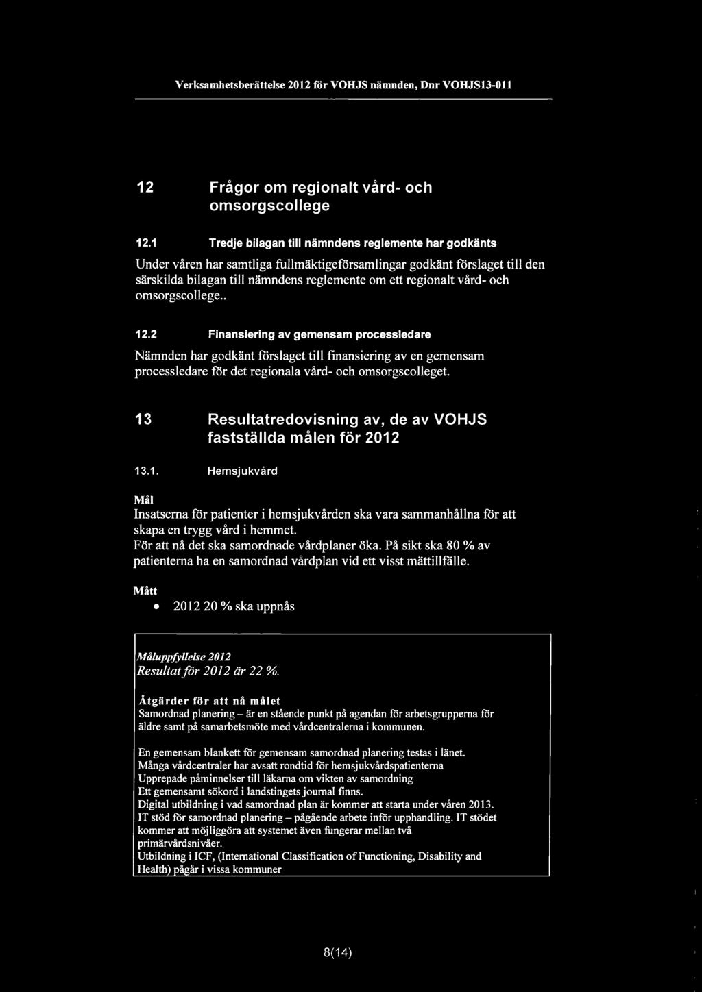 och omsorgscollege.. 12.2 Finansiering av gemensam processledare Nämnden har godkänt förslaget till finansiering av en gemensam processledare för det regionala vård- och omsorgscolleget.