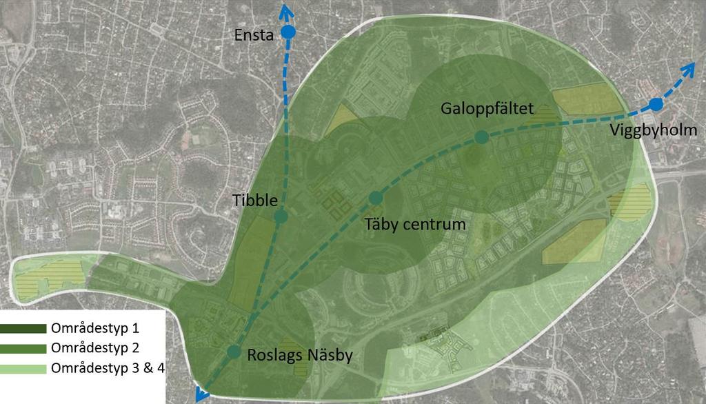 PARKERINGSUTREDNING BILPARKERING I CENTRALA TÄBY 27 Figur 5. Indelning av FÖP-området i områdestyper baserat på avstånd från Roslagsbanans stationer. 5.2 Områdestyp 1 (blandad bebyggelse i centrala lägen) 5.