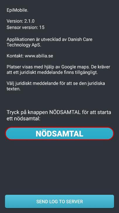 För att kunna ringa ett eventuellt nödsamtal måste användaren trycka på NÖDSAMTAL på startvyn. (När Låst läge är valt ändras Om EpiMobile till Nödsamtal ).