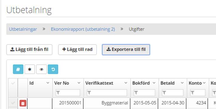 Exportera till fil De utgiftsrader som finns inlagda kan exporteras ut till en kommaseparerad fil (vilken kan göras om till Excel) om