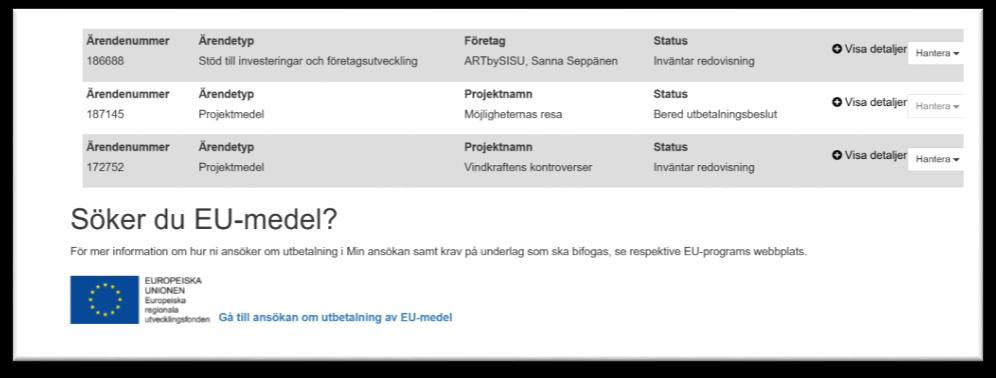 Den e-postadress du använder för inloggning i Min ansökan måste finnas registrerad bland kontakterna på ärendet där du vill göra en utbetalning.