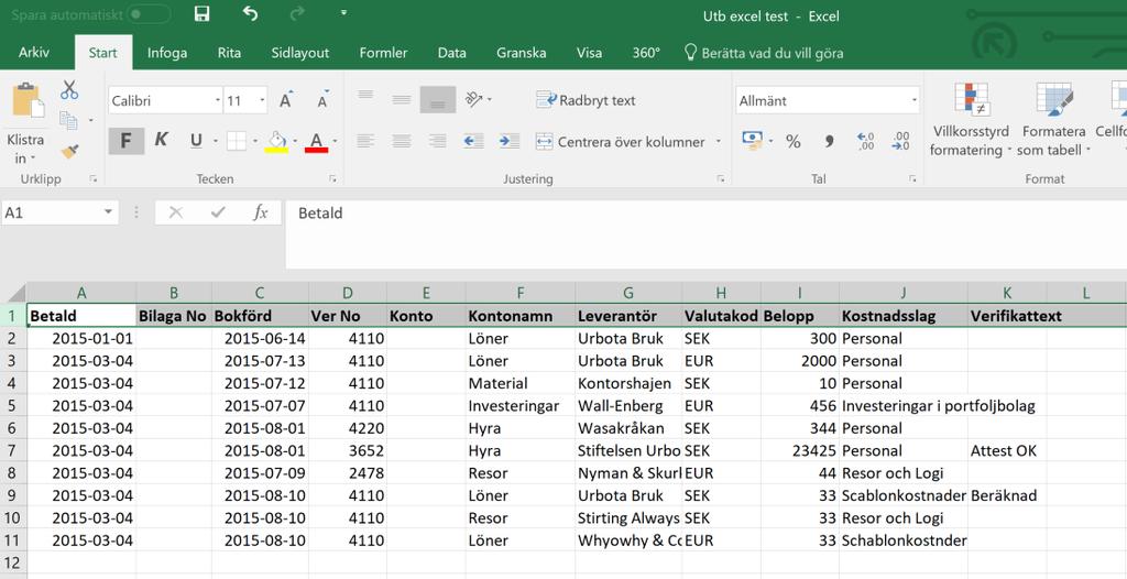 Skapa en csv-fil för inläsning Ta ut en Excelfil från exempelvis ditt ekonomisystem.