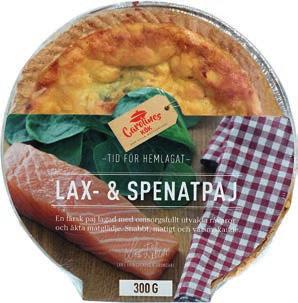 PAJER PAJER LAX- & SPENATPAJ Ingredienser: MJÖLK*, LAXkött** 20% (Salmo salar), OST, mjöl (VETEmjöl*, maltmjöl av VETE*), ÄGG*, spenat 13%, margarin