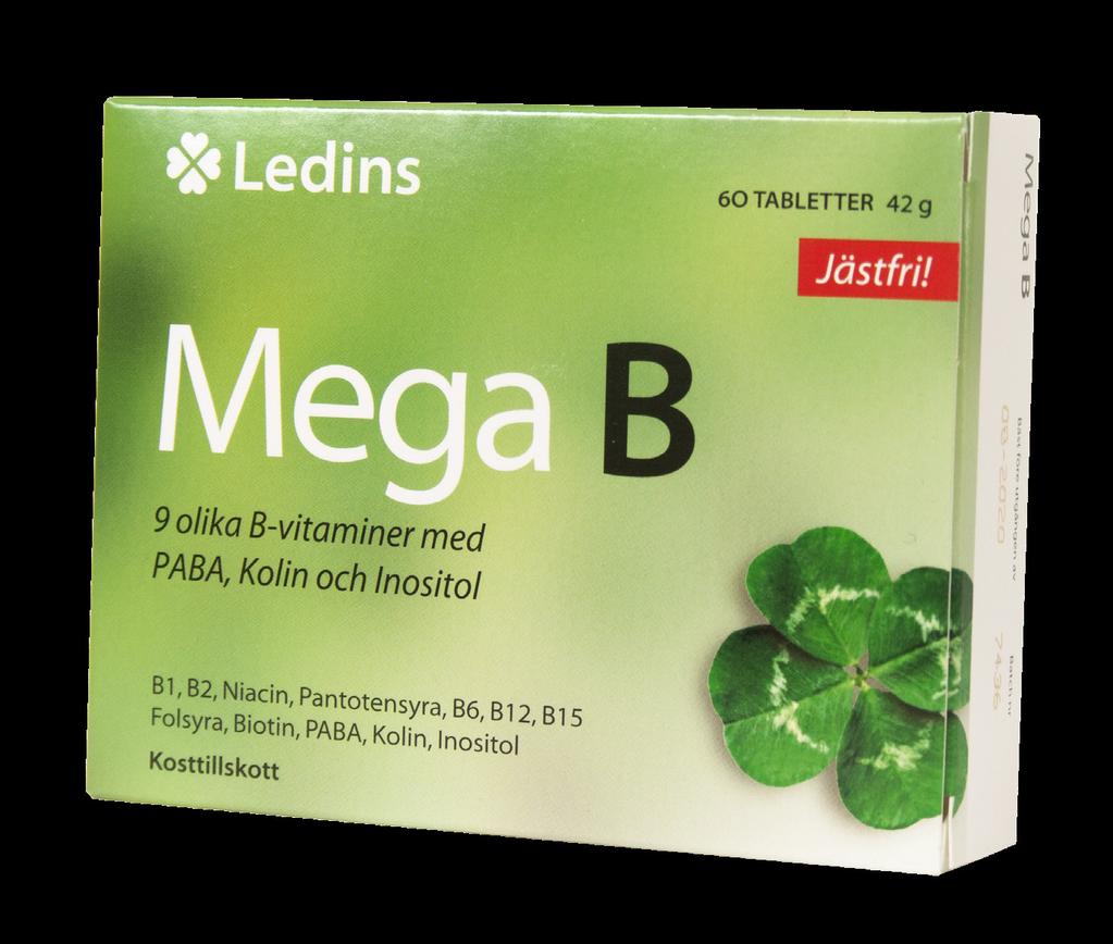 12 Mega B 12 olika B-vitaminer Art. nr: 20609 Ledins Mega B är ett kosttillskott som innehåller: Tiamin (B1) som bidrar normal hjärtfunktion.