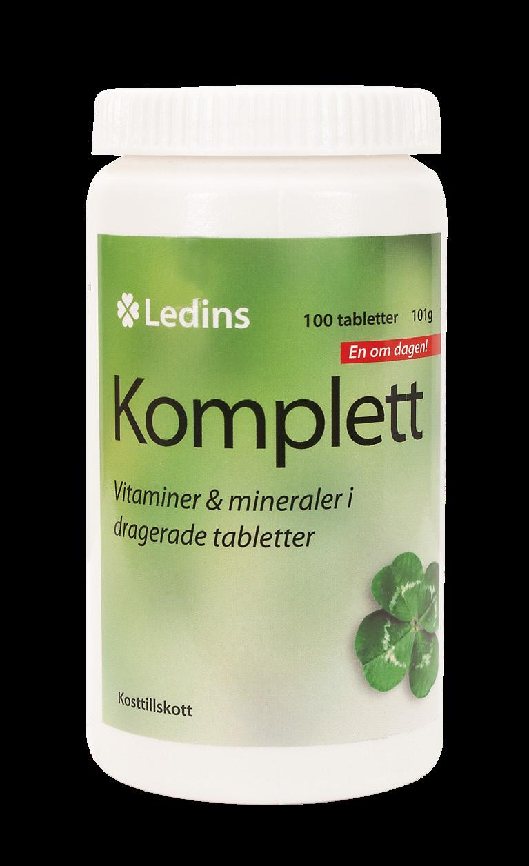 15 Multivitamin Komplett Multivitamin Art. nr: 20615 Ledins Komplett är en multivitamin som innehåller 12 olika vitaminer plus betakaroten och 11 olika mineraler. Komplett innehåller bl.a. vitamin A, C, D3, B6, B12 och mineralerna järn, zink, koppar och selen som alla bidrar till immun systemets normala funktion.