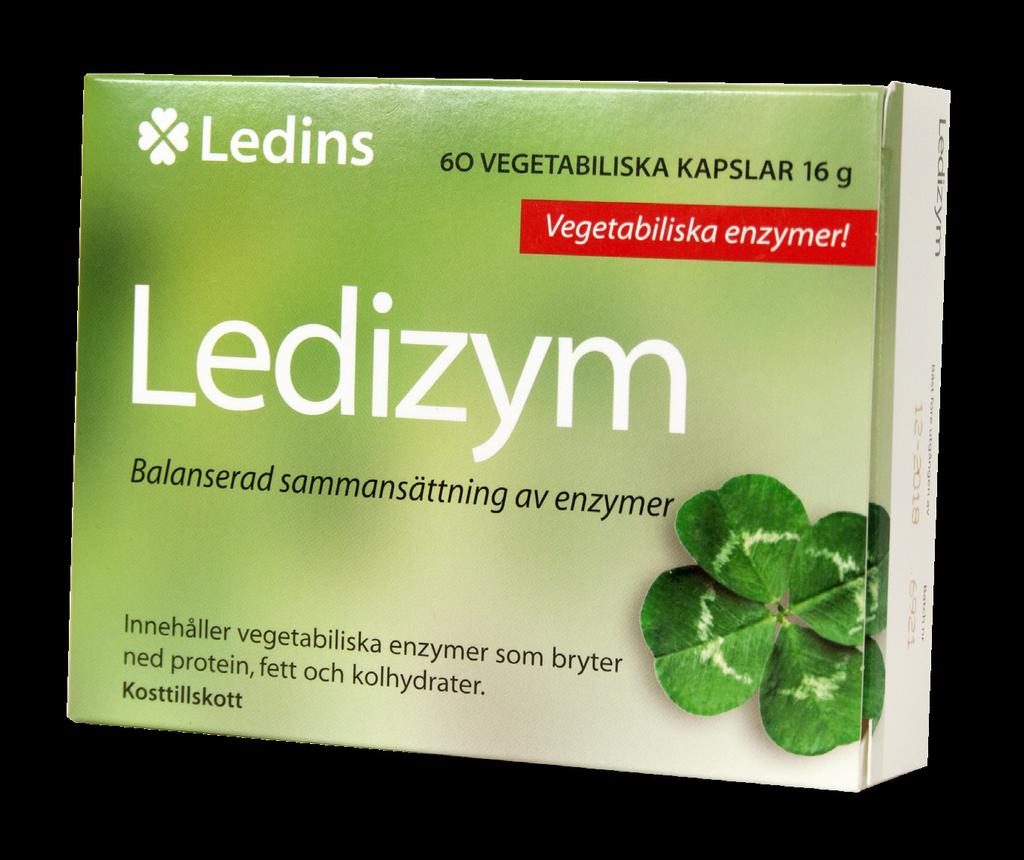 16 Ledizym Gör maten lättsmält Art. nr: 50330 Ledins Ledizym är ett kosttillskott som innehåller en balanserad sammansättning av vegetabiliska enzymer som bryter ner protein, fett och kolhydrater.