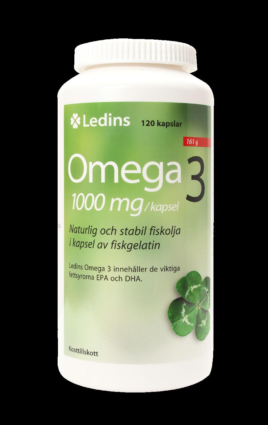 21 För hjärta och hjärna... Omega-3 Naturlig fiskolja Art. nr: 20706 (1000 mg) Ledins Omega 3, fiskolja i fiskgelatinkapsel. Omega 3 bidrar till att bibehålla normal hjärnfunktion.