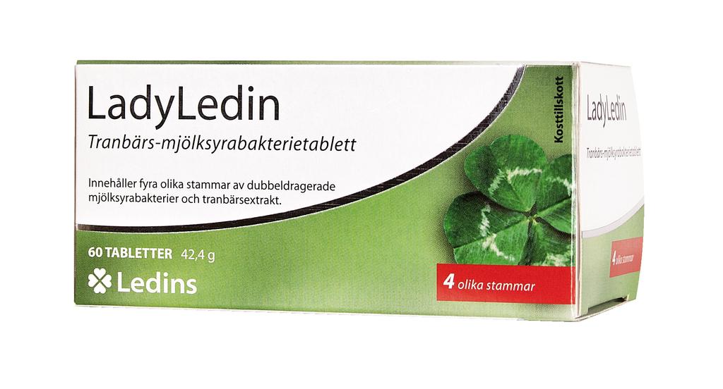 9 Dubbelverkande LadyLedin Välgörande för urinvägar Art.nr: 20810 LadyLedin är ett kosttillskott som innehåller en unik kombination av tranbärsextrakt, mjölksyrabakterier och bifidusbakterier.