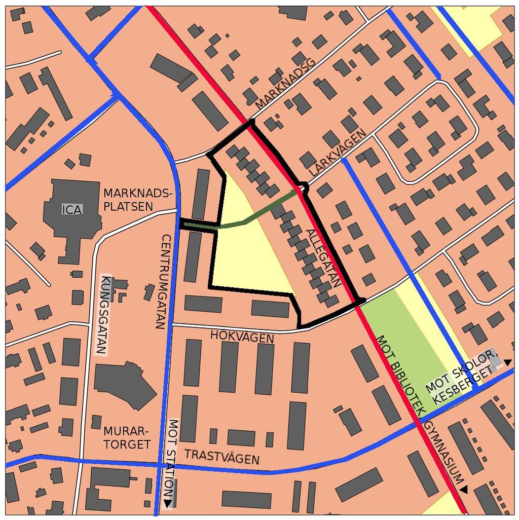 Den västliga trottoaren utmed Allégatan föreslås utformas som GC-väg (som en del av trafikområde). Det skulle möjliggöra att skolområdet och Kesberget nås helt på GC-väg via Trastvägen.