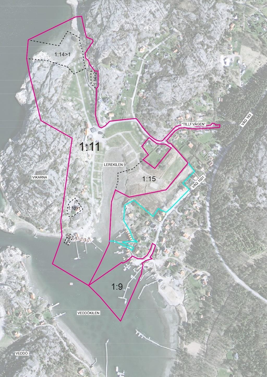 Flygfoto över planområdet med plangräns markerad med rosa linje. Den del som utgår, Tanums-Åseröd 1:30 m. fl, är markerad med turkos linje.