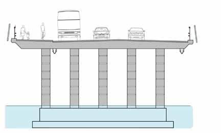 Landfästet dras ut till en stödmur längs med Ekerövägen för att så många träd som möjligt ska sparas vid dagvattendammen. Utmed bullerskärmarna och stödmuren planteras klätterväxter.