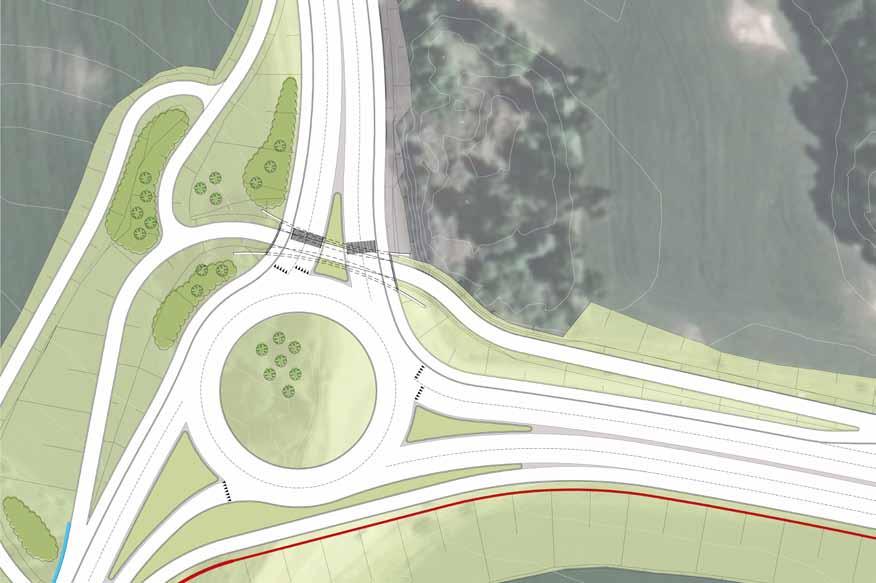 Gång- och cykelvägen leds genom befintlig dunge. De träd som hamnar utanför ny slänt sparas och kompletteras med nya trädplanteringar av skir karaktär, typ björk. mot Färentuna Korsning i plan.