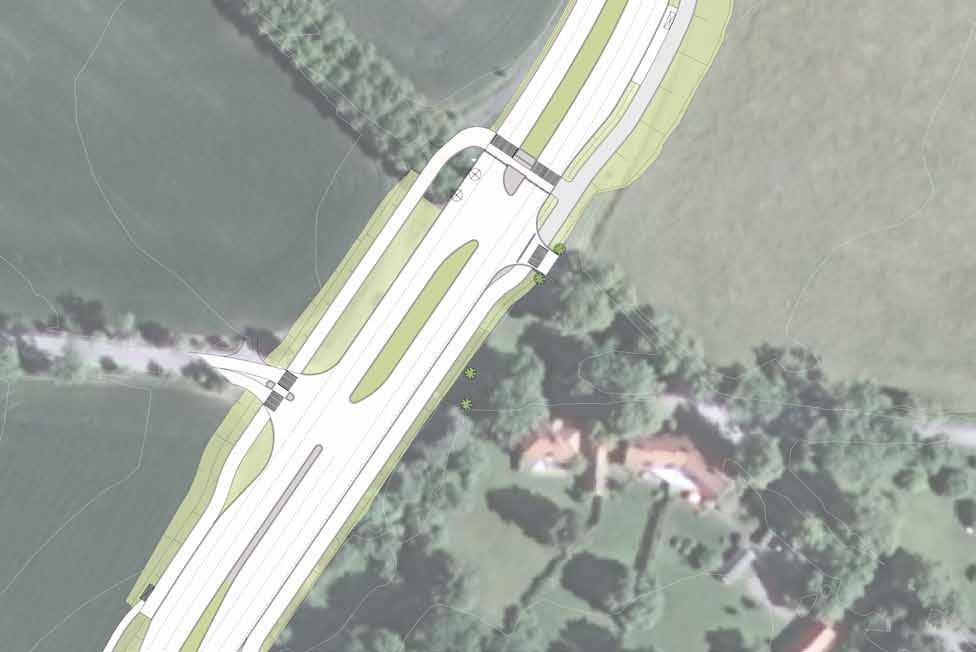 Storgatsten. Slänter i ängsgräs. Signalreglerad korsning Teknikhus föreslås flyttas. Två alléträd tas ned. Busshållplats. Förslag på samlad placering av teknikskåp.