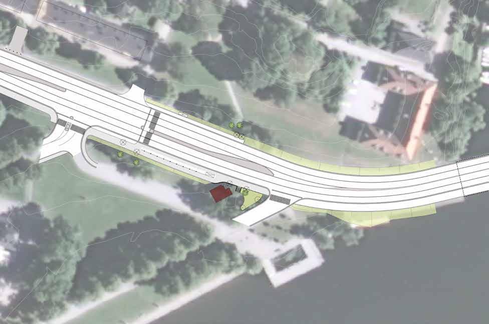 Stängd infart. Befintlig stödmur behålls. Säkerhetszonen mot vägen beläggs med storgatsten.