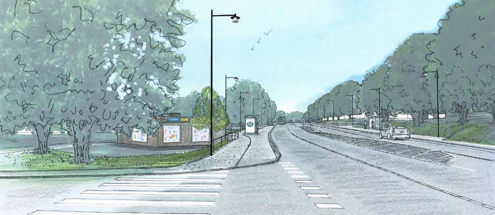 Illustration av området kring Pressbyrån med nytt träd och mur med