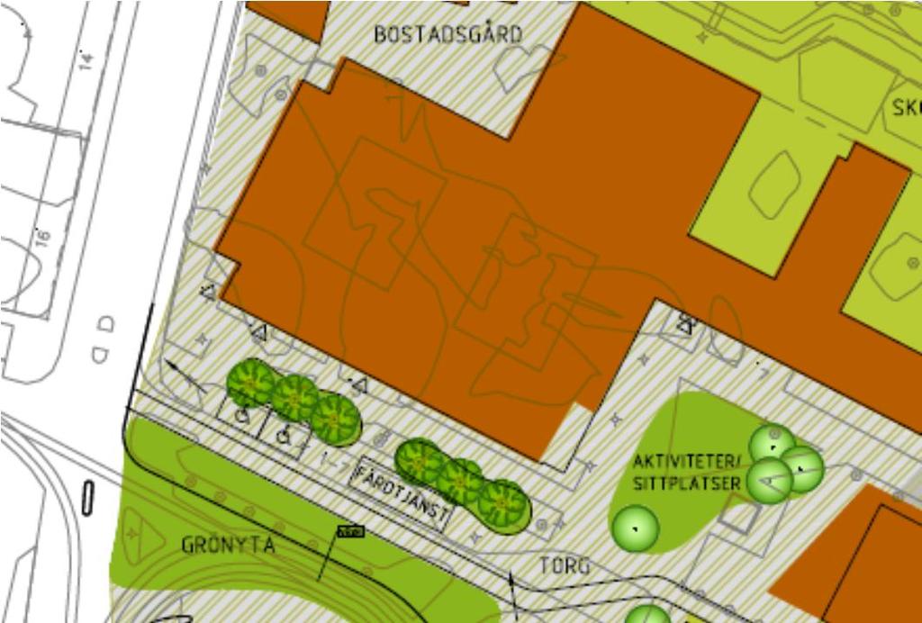 6. Ny utformning På bilden nedanför, samt bilaga 3, ses nytt förslag till utformning av platsen. Se även tillhörande ritningar.