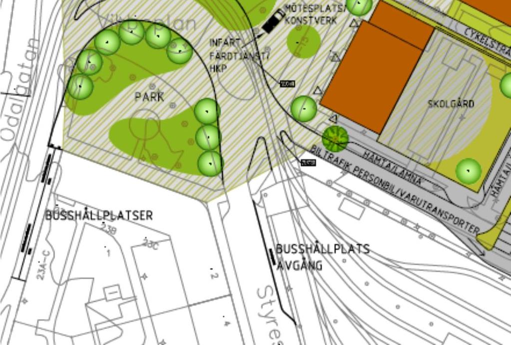 Markstenen läggs även på gång- och cykelytor och torgytor i området för att platsen ska upplevas som ett större rum och inte som uppdelade körytor/gång- och cykel-ytor.