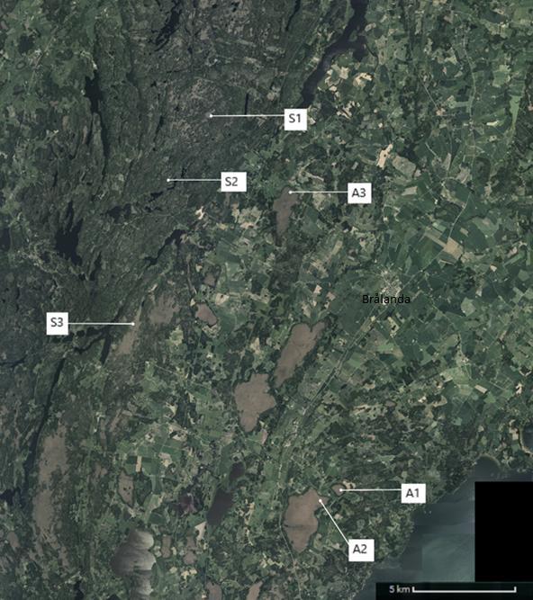 Figur 1. Bilden visar lokalerna där proverna A1, A2, A3, S1, S2, S3 är tagna (modifierat från Lantmäteriet, 2018). Provtagningen Proverna togs 14:e, 15:e och 22:e oktober, 2017.