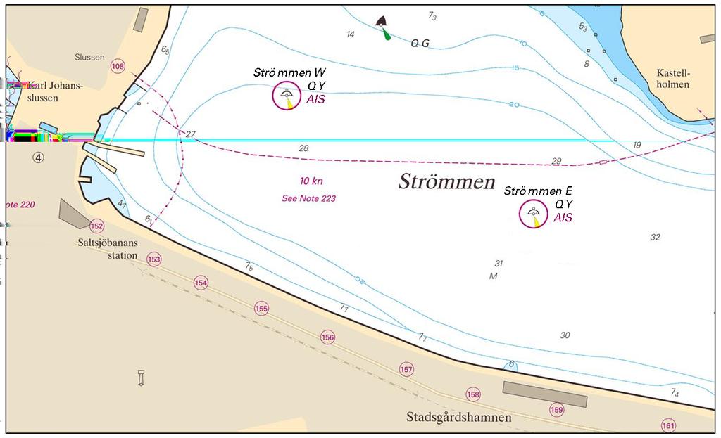 2016-04-21 10 Nr 595 * 11135 (P) Sjökort: 6141, 6142 Sverige. Norra Östersjön. Stockholms hamn. Strömmen. Förtöjningsboj flyttas och ny tillkommer. Nya positioner.
