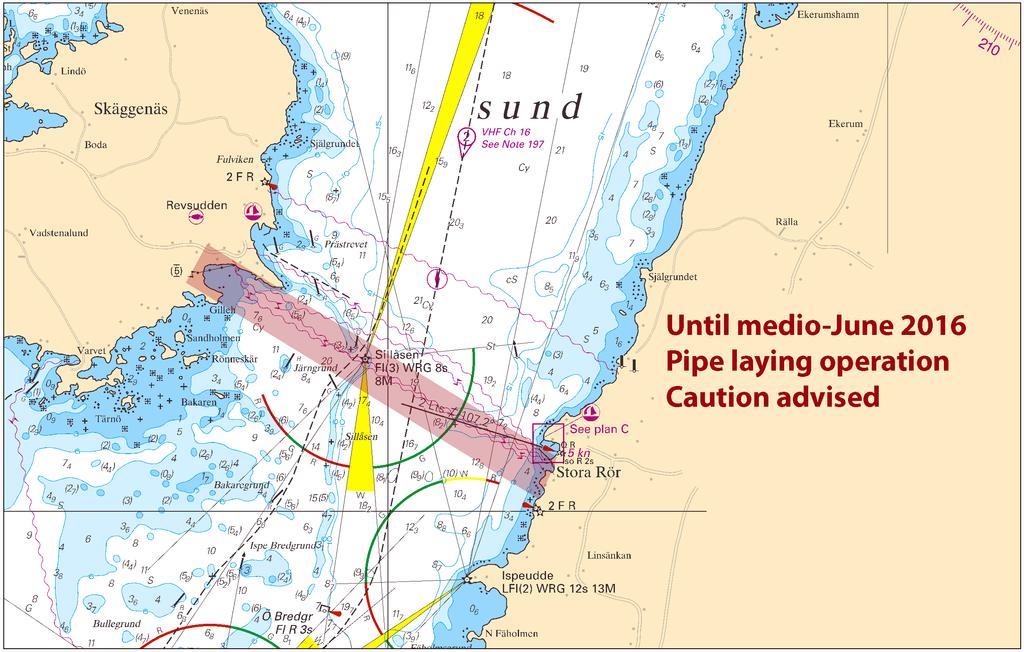 2016-04-21 14 Nr 595 Förläggning av sjöledning Revsudden - Stora Rör ÖPD Subsea AB. Publ. 20 april 2016 Södra Östersjön * 11114 Sjökort: 71, 74, 741, 7411, 83 Sverige. Södra Östersjön. Karlskrona angöring.