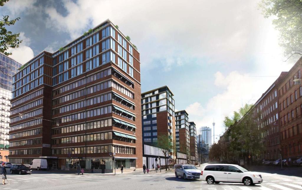 10/12 Den fjärde byggnaden, mot Sten Sturegatan, hålls fortsatt stram och repetitiv. Den särskiljs från övriga men är fortsatt en viktig del i kvarterets helhet.