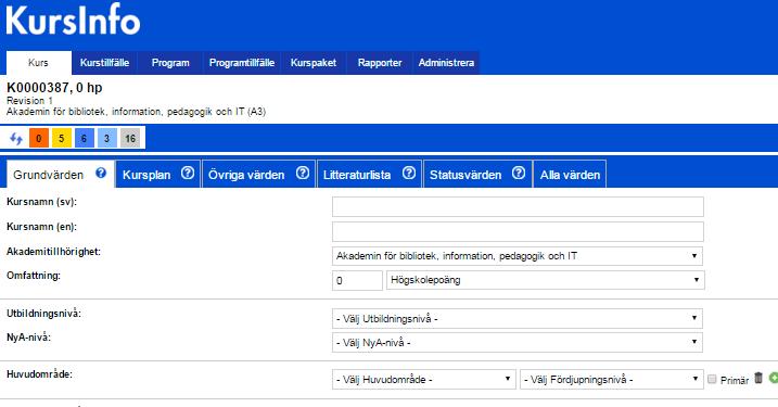 Inläggning av uppgifter i Kurs Symboler för vart värdena i KursInfo visas/skickas A L K W Kurslan, värdet visas eller används i kursplanen Antagning.se, värdet visas eller används på Antagning.