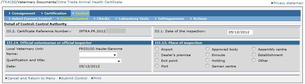II.5.1.1. Fliken Aktuell kontroll Typ Fält Information INTRA DOCOM INTRA DOCOM INTRA DOCOM III.2. Intygsreferens III.2. Intygsreferens III.1. Kontrolldatum III.1. Kontrolldatum III.14.