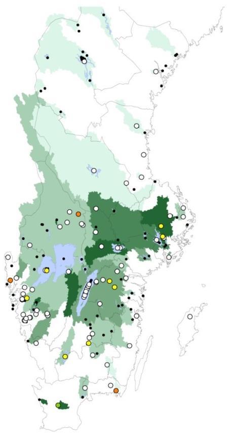 Figur 7. Resultat för provtagningsplatser i SGU:s vattentäktsarkiv tillsammans med andel åkermark i avrinningsområdet.