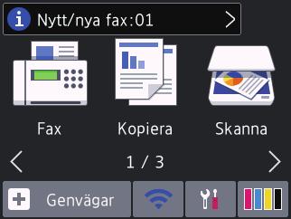 8. [Sparade fax:] 8 0. Varningssymbol 0 [Sparade fax] visar hur många mottagna fax som finns i maskinens minne. Tryck på 9. [Nytt/nya fax:] för att skriva ut fax.