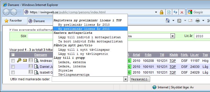 Preliminär förnyelse av befintliga licenser För tävlingsdansare inom DSF som redan har eller har haft tävlingslicens så är det möjligt att förnya licenser i klump för klubbansvarig direkt via listan
