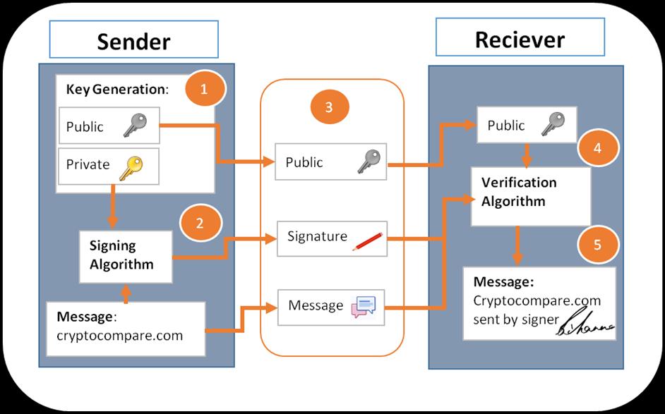 Bilden nedan visar hur transaktionerna genomförs med asymmetrisk kryptering: How does digital signature in Bitcoin Work. Källa: CryptoCompare.2017 4.