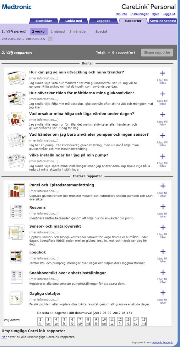VÄLJ RAPPORTER ATT GRANSKA FÅ UT DET MESTA AV CARELINK PERSONAL Frågor Behandlingspanel och Sensor och episodsammanfattning Följsamhet mätaröversikt Loggbok Snabböversikt över enhetsinställningar