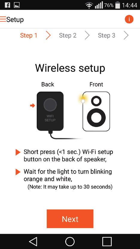 3 Läs Wi-Fi-konfigurationsanvisningarna i appen. 5 Tryck på Nästa på appskärmen ovan.
