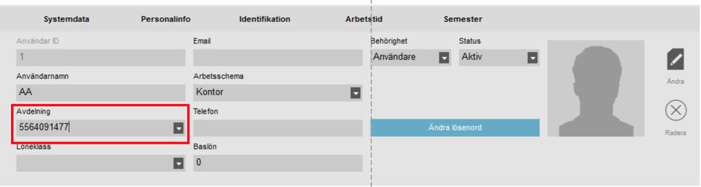 Knyt den anställde till rätt företag under Avdelning under fliken Systemdata.