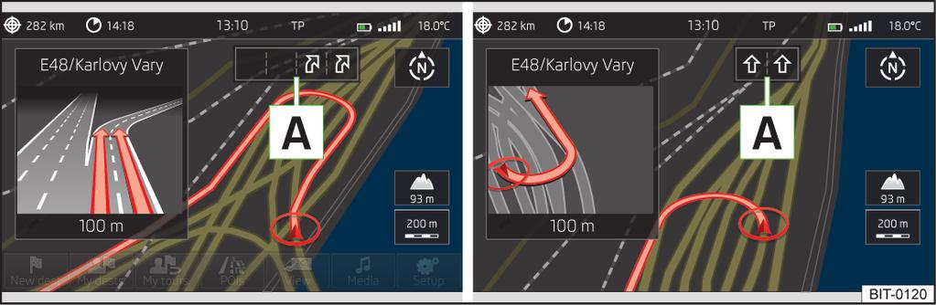 Det senaste navigationsmeddelandet kan upprepas: genom att trycka på menyknapp 2» bild 1 på sidan 6 genom att trycka på det räfflade hjulet 4» bild 24 på sidan 38 på multifunktionsratten» Fordonets