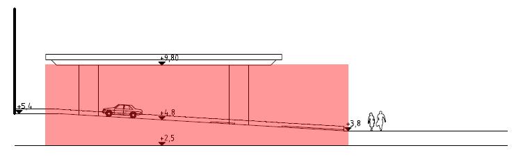 17 (20) Illustration över tredimensionellt fastighetsutrymme. Tredimensionellt fastighetsutrymme för ramp med vändningsyta tillhörandes exploateringsfastigheten markerad med röd fyllning.