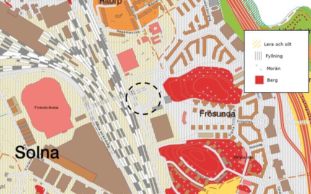 9 (20) Jordartskarta (SGU, 2018), parkeringshusets läge är inringat med svart-streckad linje. Sveriges geologiska undersökning.
