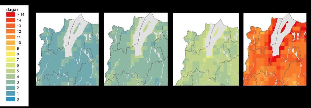 Kartorna visar (från vänster): observerade värden 1961-1990, observerade värden 1991-2013, beräknade värden 2021-2050 samt beräknade värden 2069-2098. Källa till kartorna: SMHI, 2015.