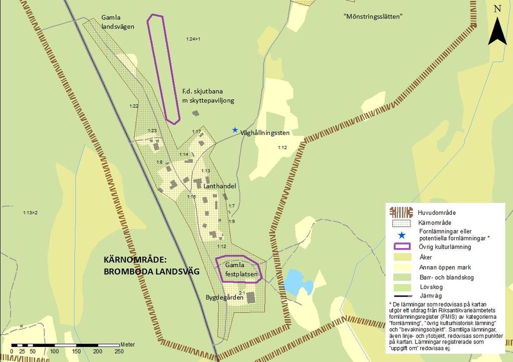 Karta över kärnområde Bromboda landsväg. Kärnområde Bromboda landsväg Söder om bondbyn, där byvägen mynnar ut i den gamla landsvägens sträckning, finns en mindre gruppering av hus.