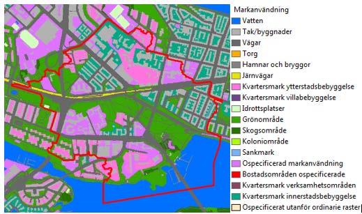 Figur 23 Markanvändningskarta samt teckenförklaring för avrinningsområdet (Stockholm Vatten, 2016) Modellen i MIKE 21 har förenklats ytterligare och Mannings tal för de olika områdestyperna ses i